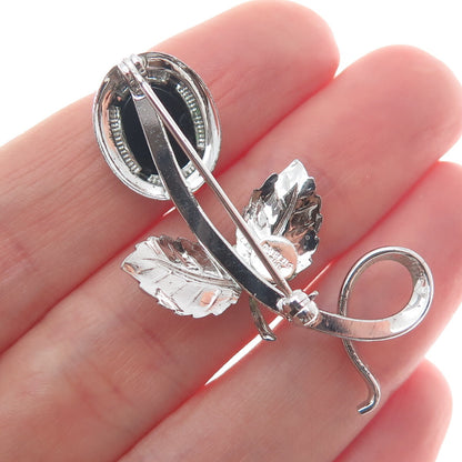 AMCO 925 Sterling Silver Antique Real Black Onyx Flower Letter "L" Pin Brooch