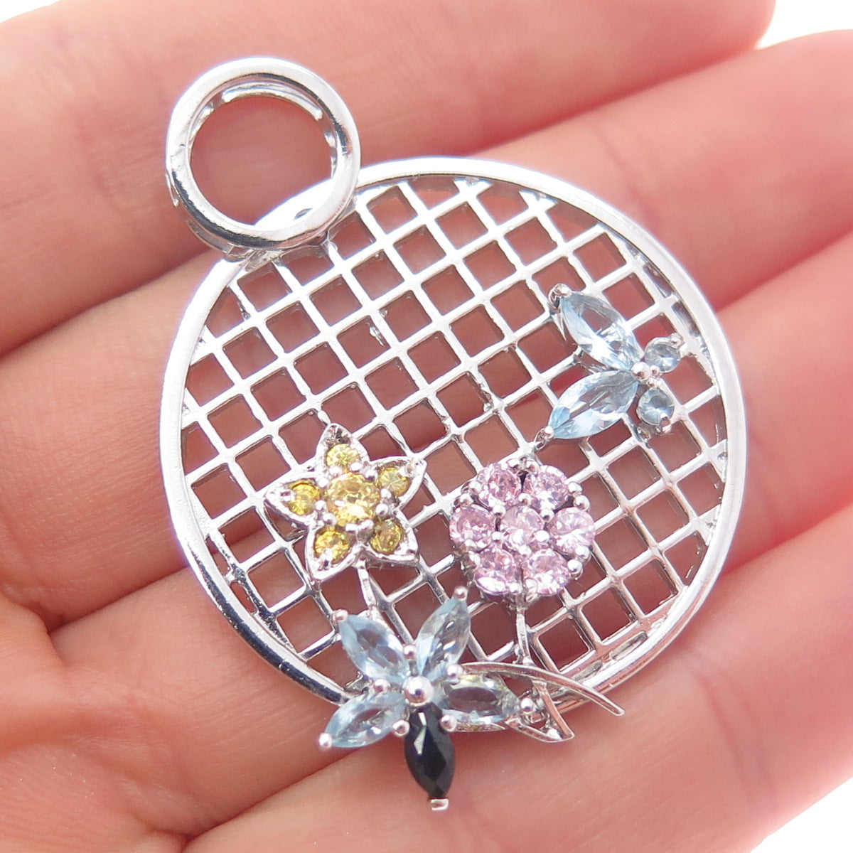 925 Sterling Real Blue Topaz Amethyst Citrine Butterfly & Flower Slide Pendant