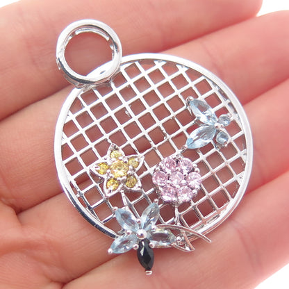 925 Sterling Real Blue Topaz Amethyst Citrine Butterfly & Flower Slide Pendant