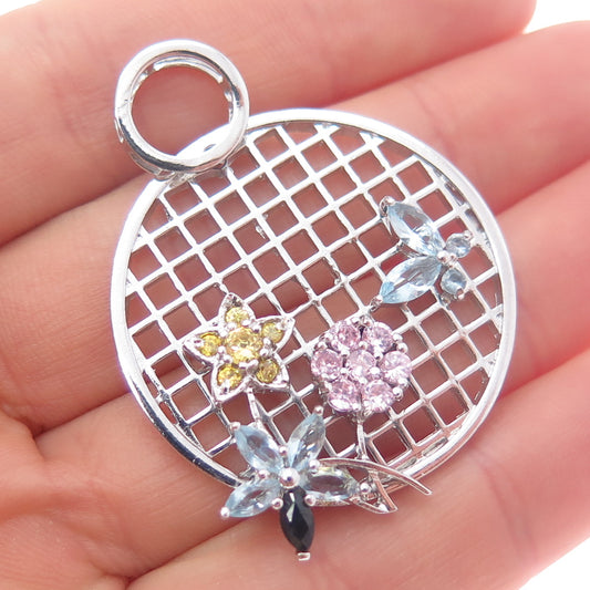 925 Sterling Real Blue Topaz Amethyst Citrine Butterfly & Flower Slide Pendant