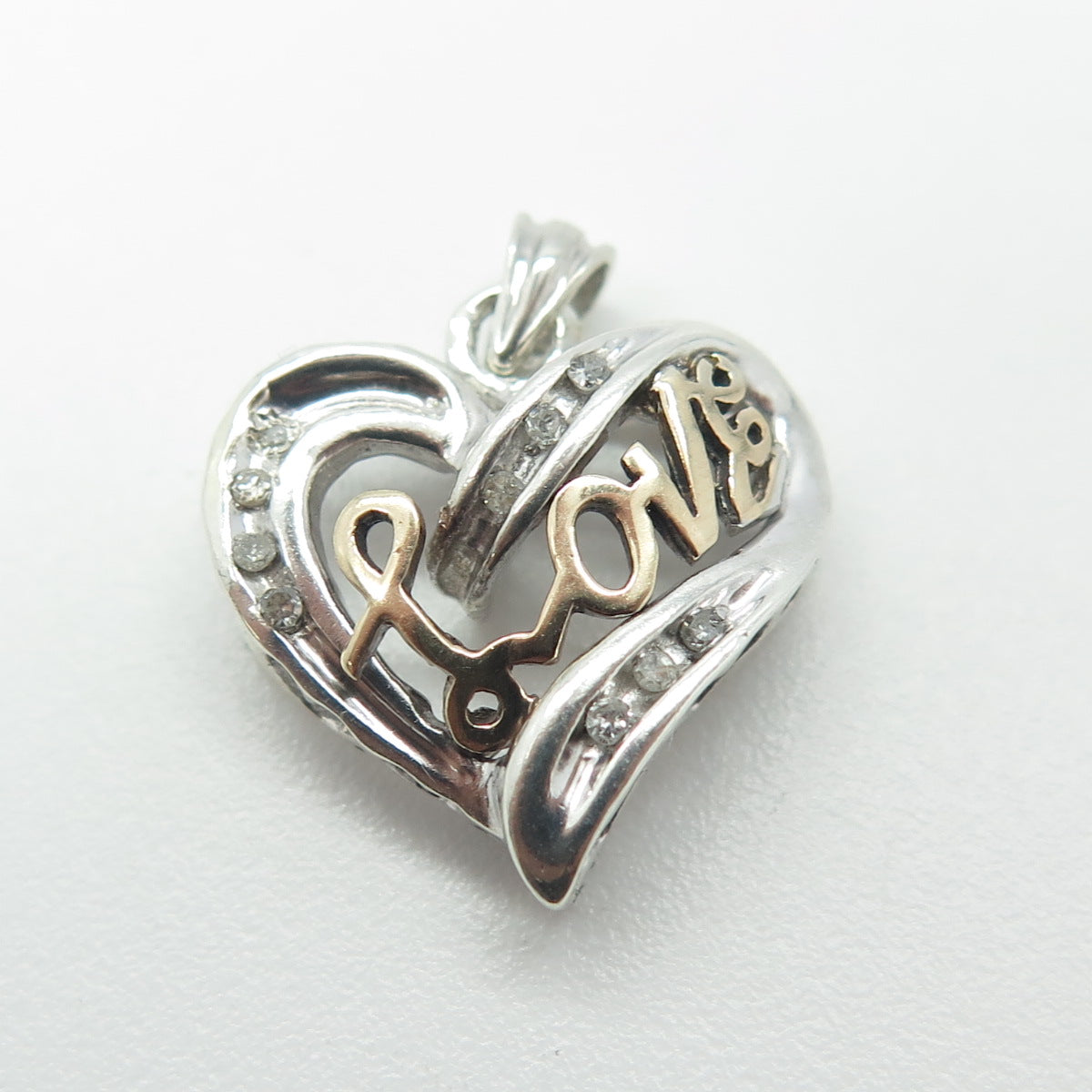 925 Sterling Silver 2-Tone Real Round-Cut White Diamond "LOVE" Heart Pendant