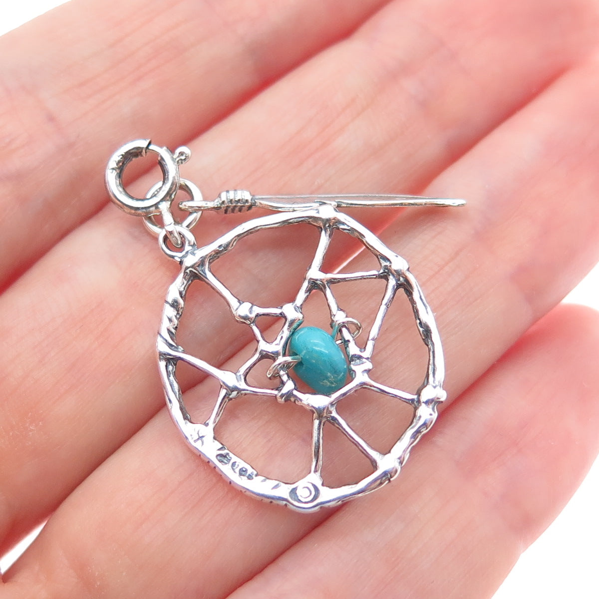 SHUBE Sterling Vintage Turquoise Dreamcatcher Feather Spring Ring Lock Pendant