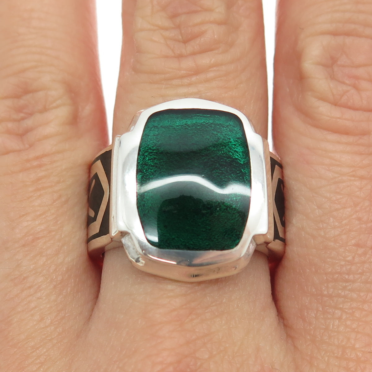 925 Sterling Silver Vintage Enamel Runic Ring Size 10