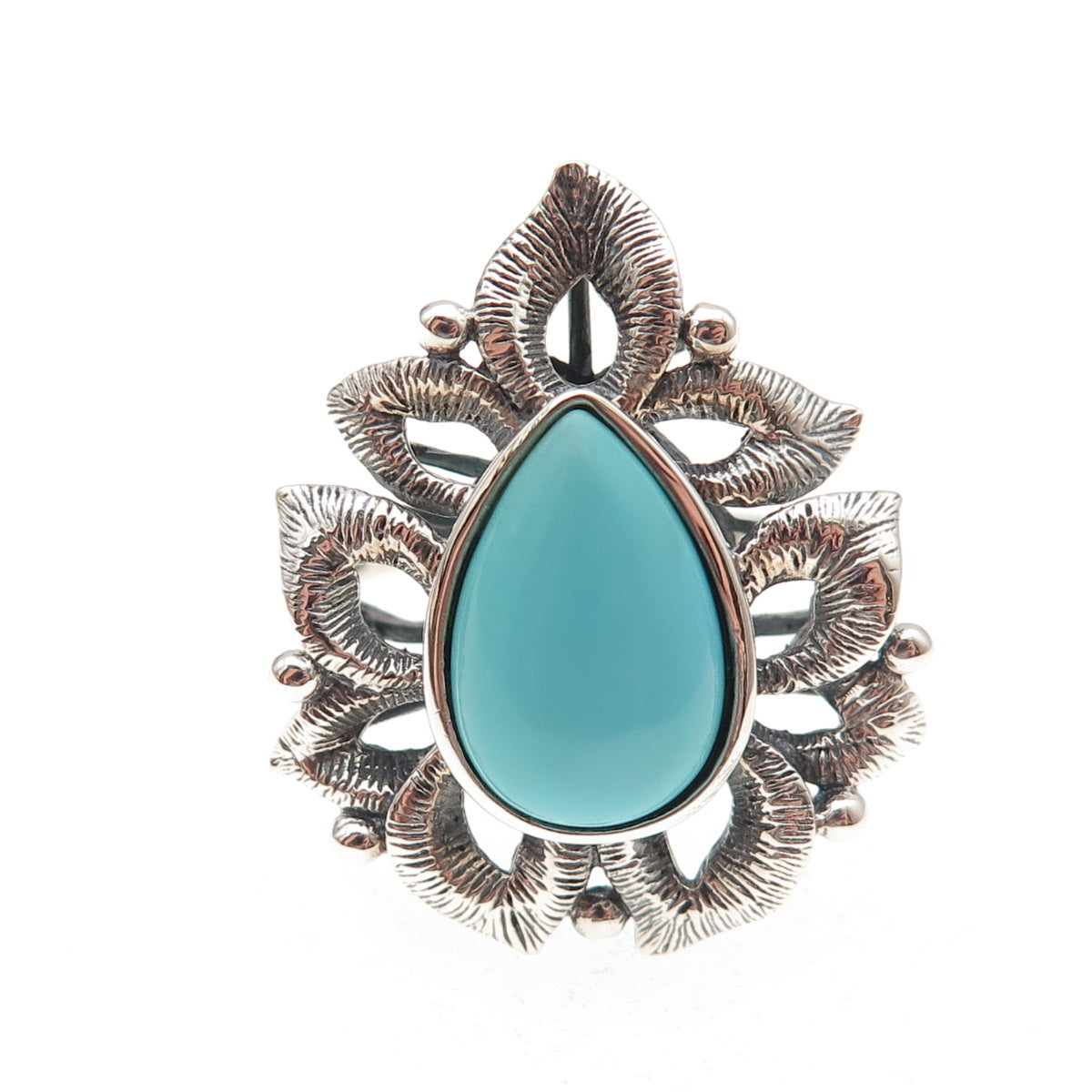 925 Sterling Silver Real Tyrone Turquoise Floral Oxidized Ring Size 8