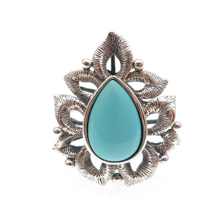 925 Sterling Silver Real Tyrone Turquoise Floral Oxidized Ring Size 8