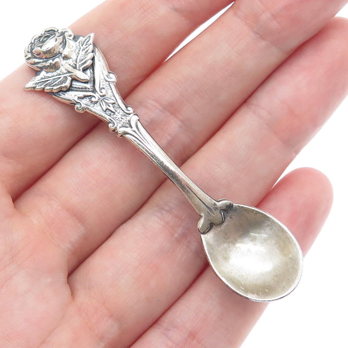 JEWELART 925 Sterling Silver Antique Art Deco Rose Flower Spoon Pin Brooch
