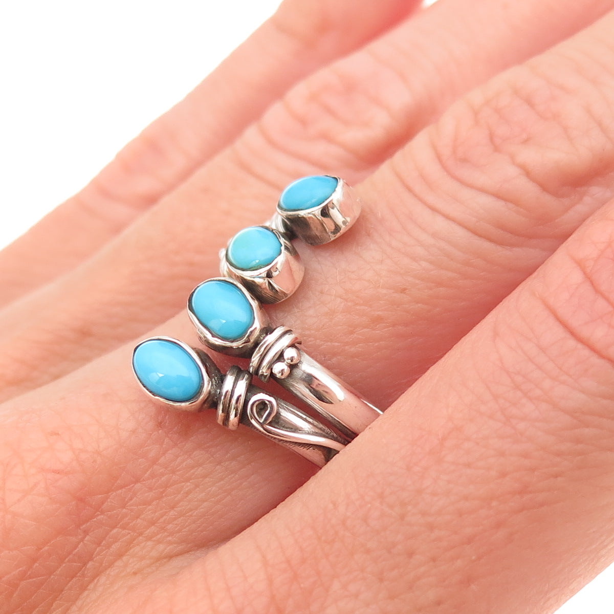925 Sterling Silver Vintage Real Turquoise Oxidized Adjustable Ring Size 8.5