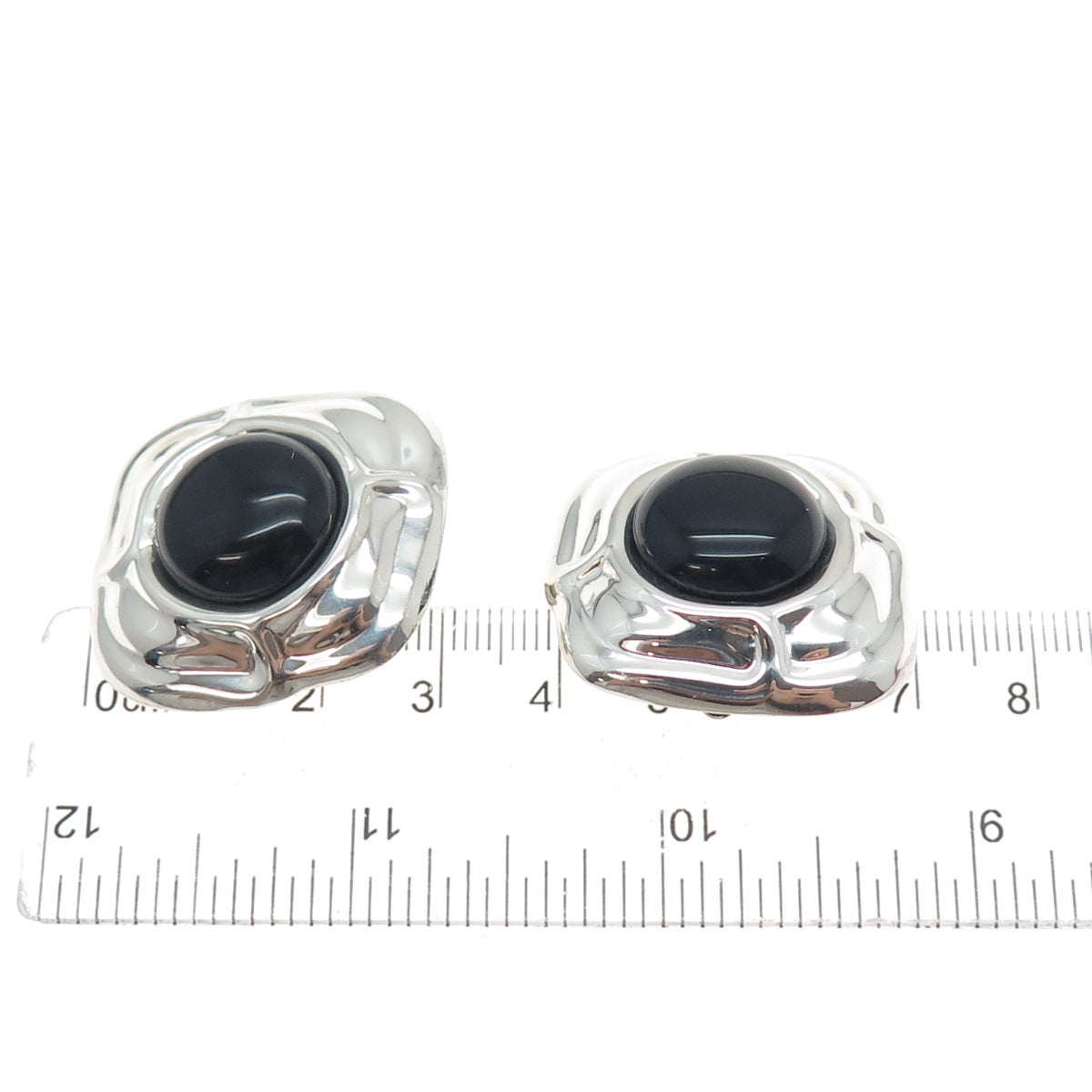 925 Sterling Silver Vintage Mexico Real Black Onyx Modernist Clip On Earrings
