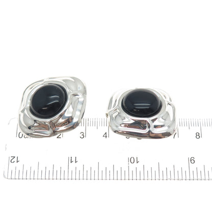925 Sterling Silver Vintage Mexico Real Black Onyx Modernist Clip On Earrings