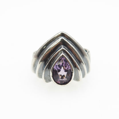 925 Sterling Silver Vintage Real Amethyst Modernist Oxidized Ring Size 7