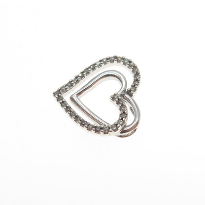 925 Sterling Silver Real Round-Cut Diamond Double Heart Mini Slide Charm Pendant