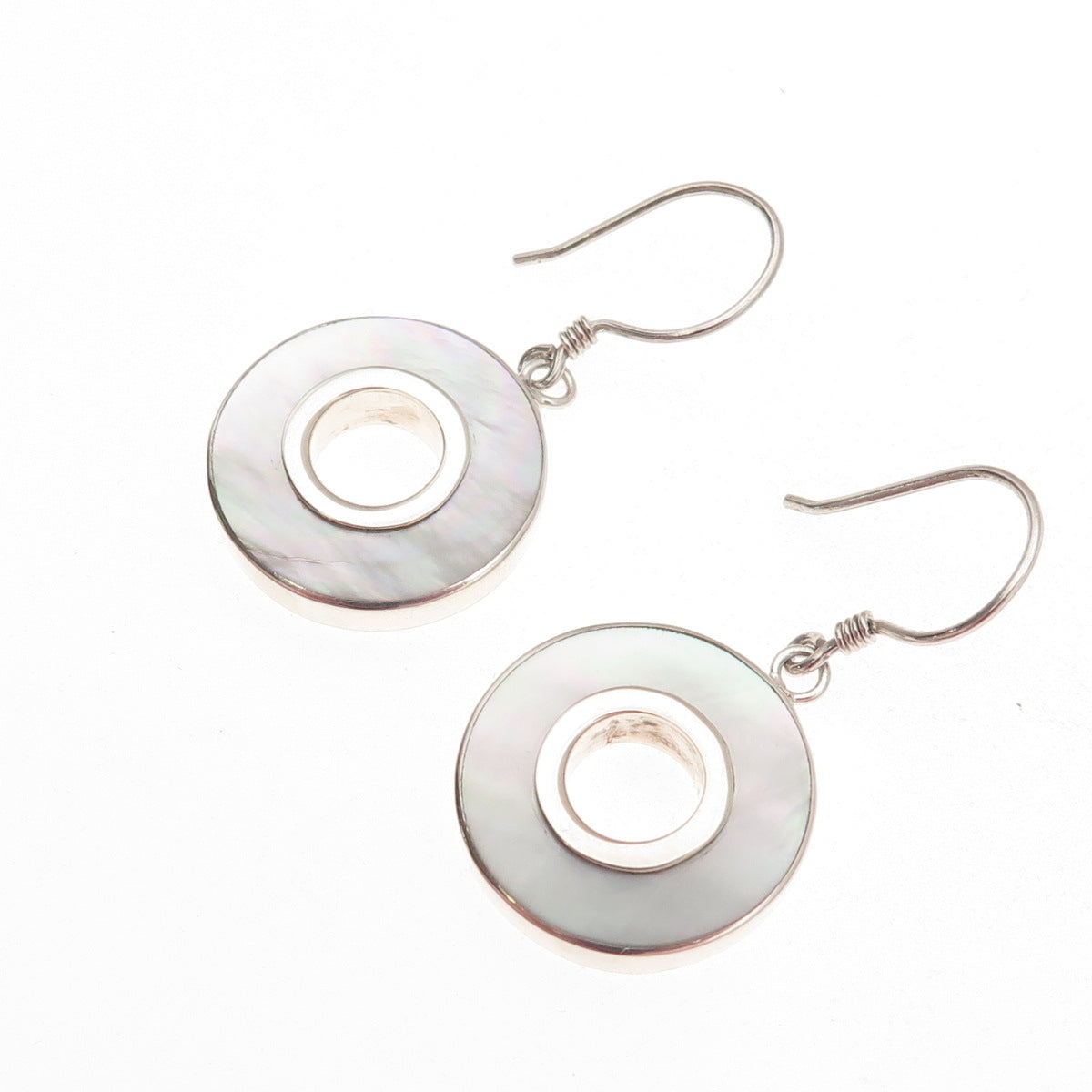 925 Sterling Silver Vintage Real MOP Modernist Disc Dangle Earrings