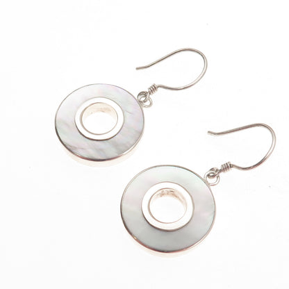 925 Sterling Silver Vintage Real MOP Modernist Disc Dangle Earrings