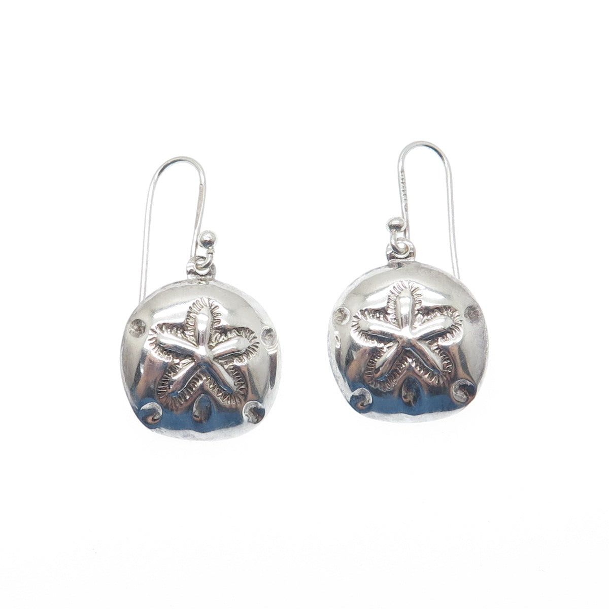 SX SALLY C 925 Sterling Silver Vintage Sand Dollar Oxidized Dangle Earrings