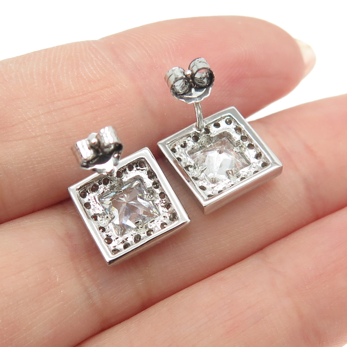 925 Sterling Silver Princess & Round-Cut C Z Stud Earrings