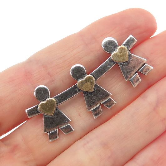NALDO 925 Sterling Silver 2-Tone Vintage Children Holding Hands Heart Pin Brooch
