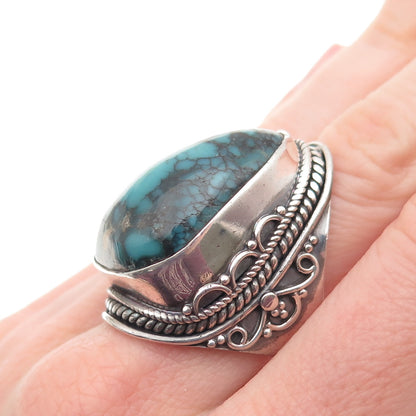 925 Sterling Silver Vintage Real Bisbee Turquoise Oxidized Ring Size 7.75
