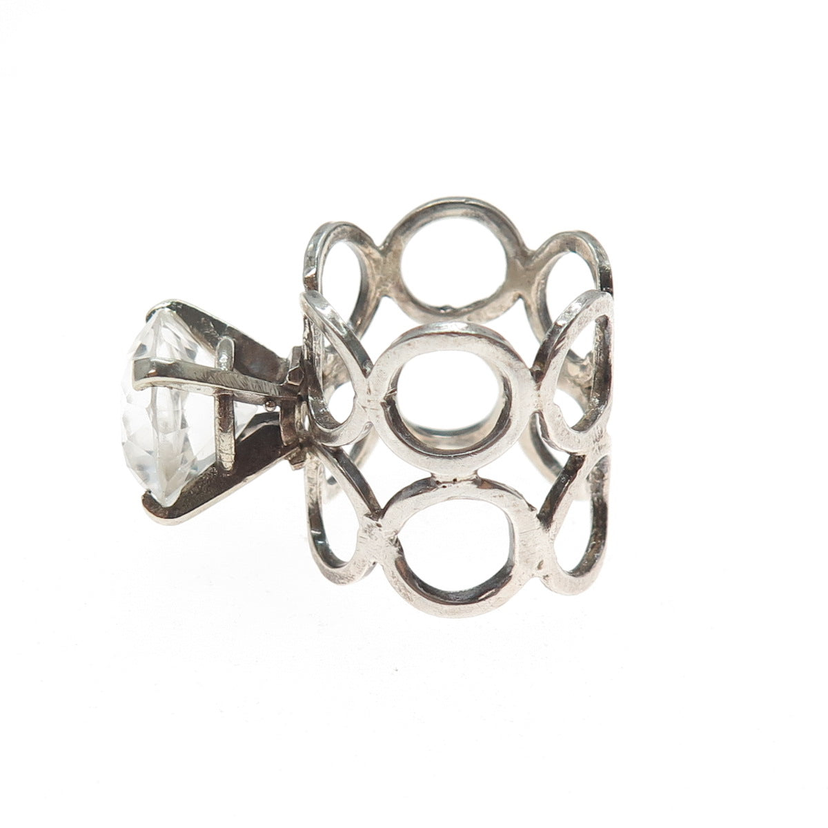 925 Sterling Silver Vintage Real Round-Cut White Topaz Modernist Ring Size 6.75