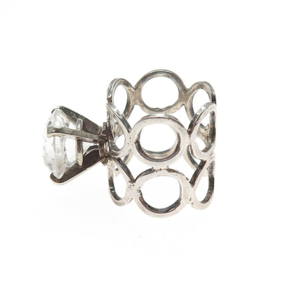 925 Sterling Silver Vintage Real Round-Cut White Topaz Modernist Ring Size 6.75