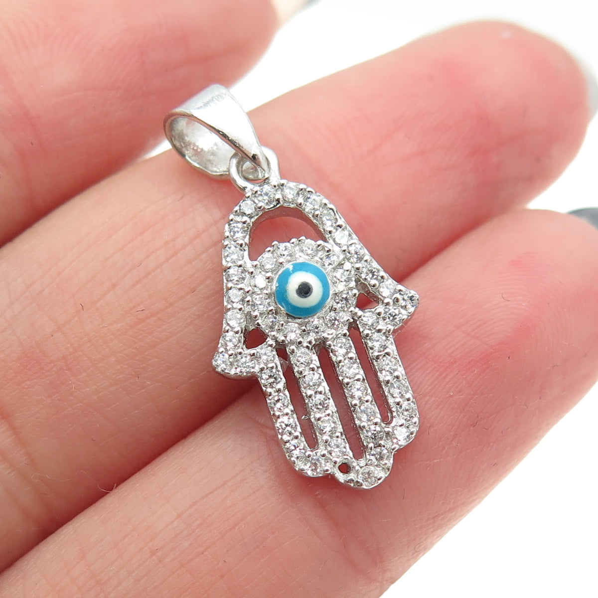 925 Sterling Silver Round-Cut C Z & Murano Glass Evil Eye Hamsa Amulet Pendant