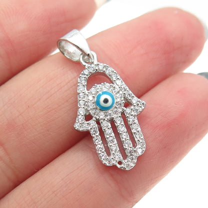 925 Sterling Silver Round-Cut C Z & Murano Glass Evil Eye Hamsa Amulet Pendant