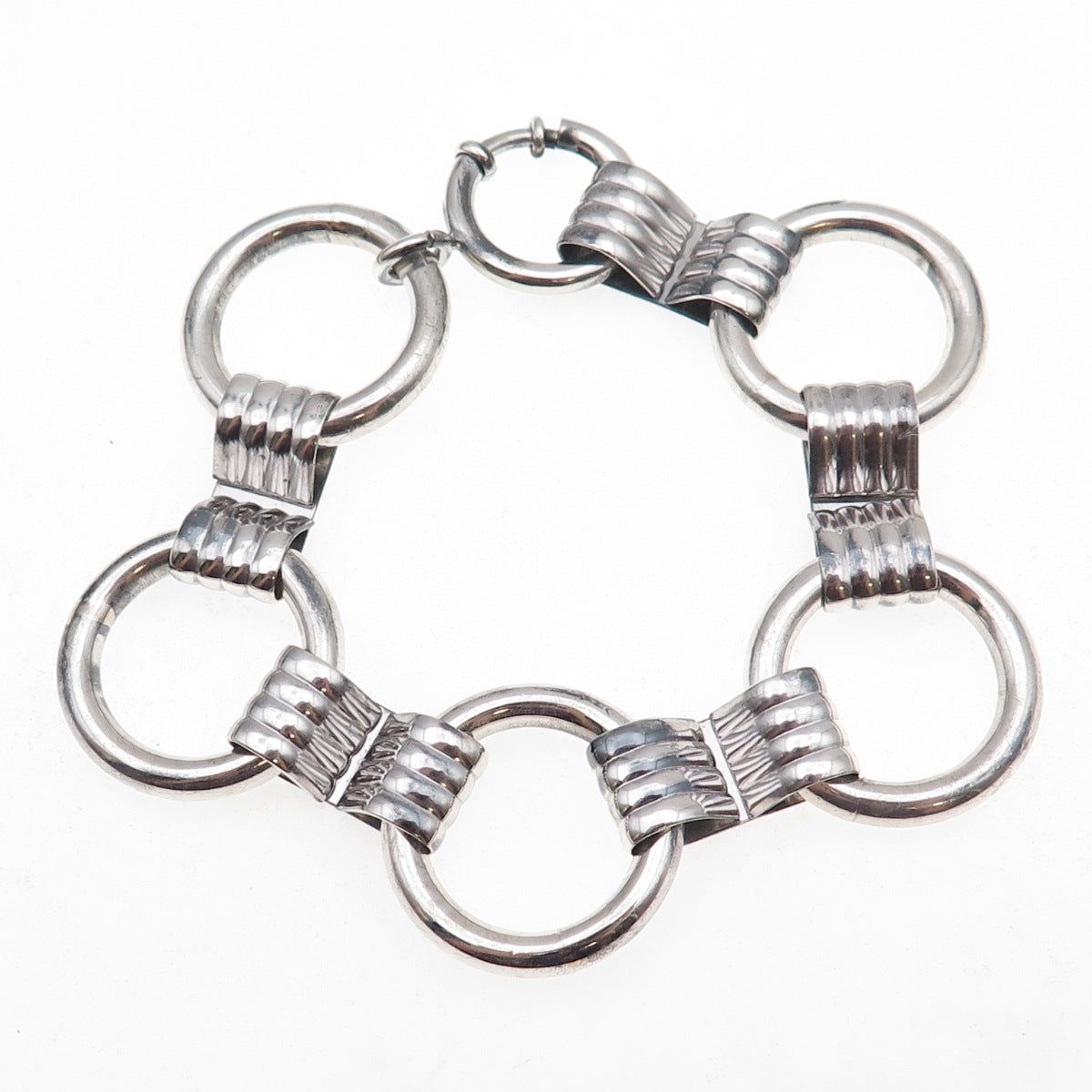 925 Sterling Silver Antique Art Deco Circle Link Oxidized Bracelet 7"