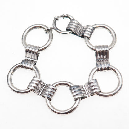 925 Sterling Silver Antique Art Deco Circle Link Oxidized Bracelet 7"