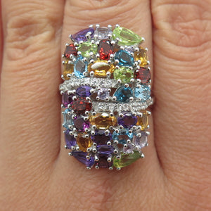 DSMK 925 Sterling White & Blue Topaz Amethyst Citrine Peridot Garnet Ring Size 7