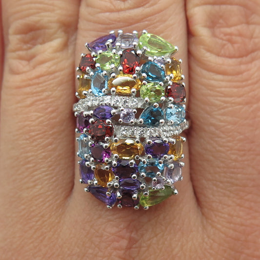 DSMK 925 Sterling White & Blue Topaz Amethyst Citrine Peridot Garnet Ring Size 7