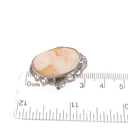 925 Sterling Silver Antique Art Deco Real MOP Lady Cameo Oxidized Pin Brooch