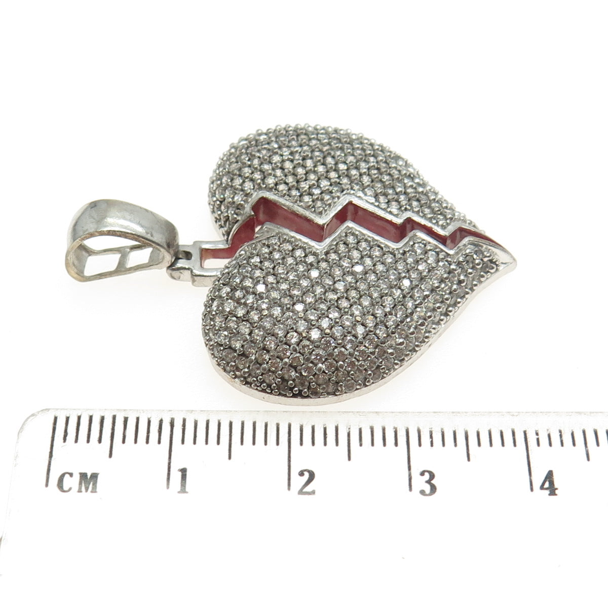 925 Sterling Silver Round-Cut White C Z & Red Enamel Broken Heart Pendant