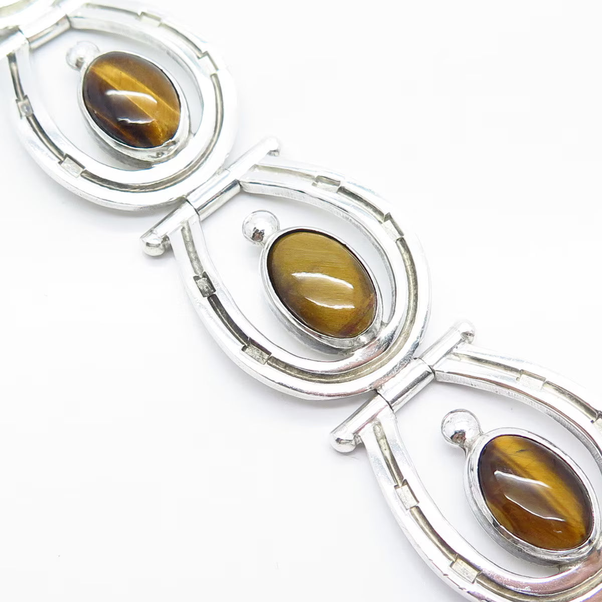 925 Sterling Silver Vintage Mexico Los Ballesteros Tiger Eye Gem Bracelet 7"