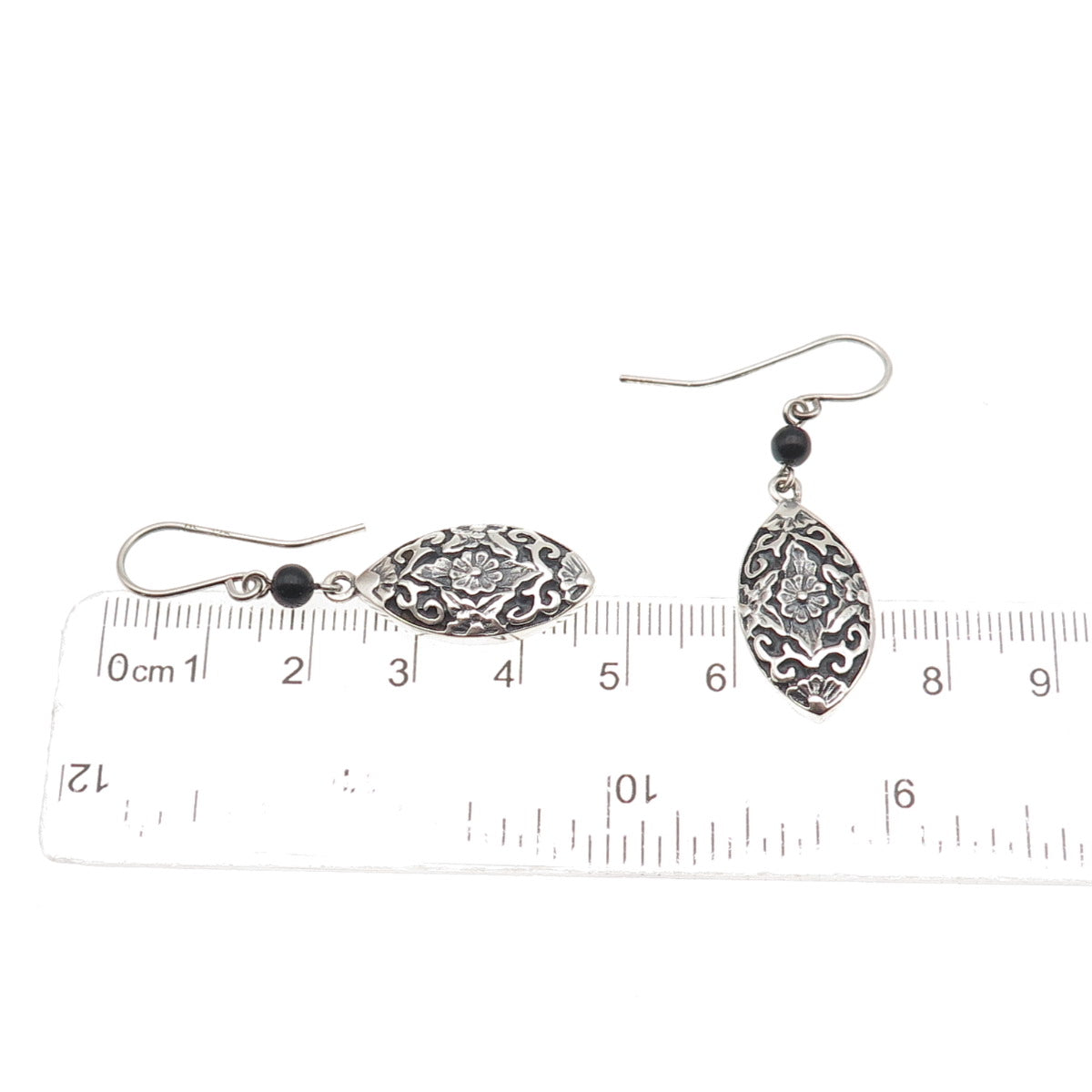 925 Sterling Silver Vintage Real Black Onyx Floral Oxidized Dangle Earrings