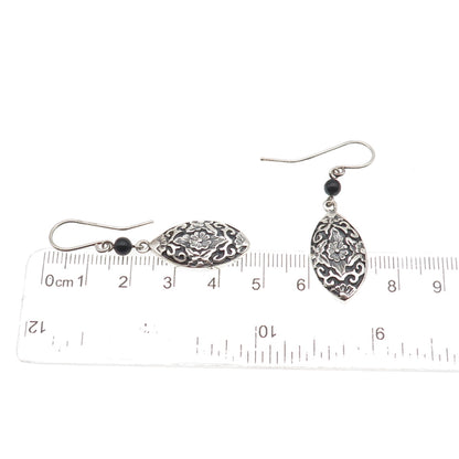 925 Sterling Silver Vintage Real Black Onyx Floral Oxidized Dangle Earrings