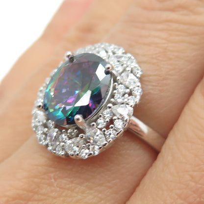 925 Sterling Silver Oval-Cut Mystic Crystal & Multi C Z Bohemian Ring Size 7