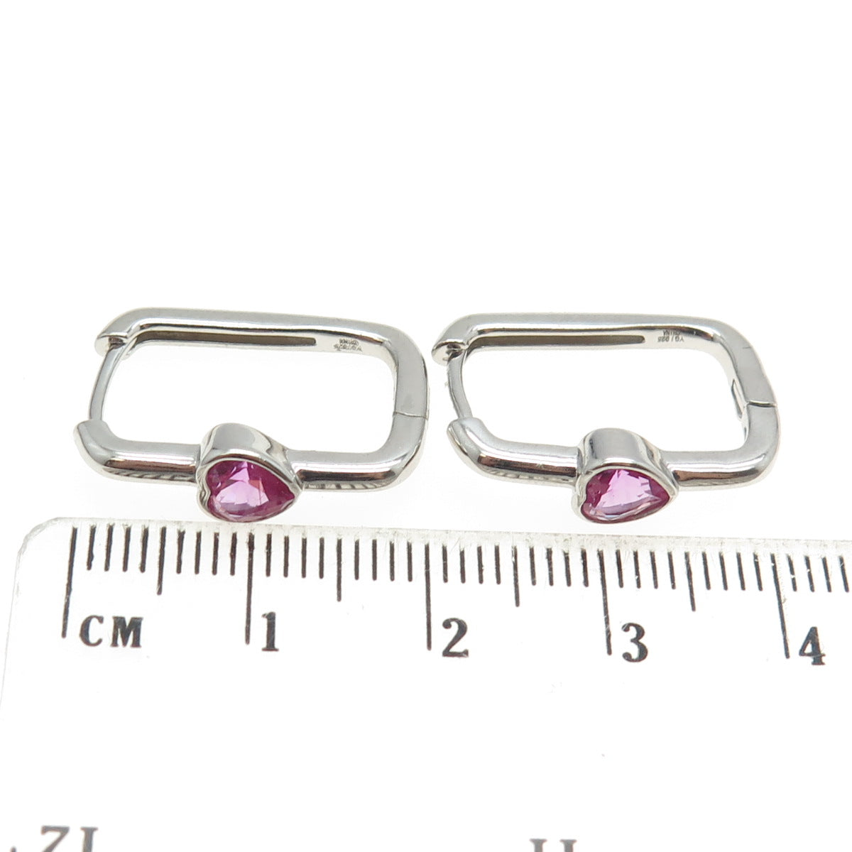 925 Sterling Silver Lab-Created Pink Sapphire Heart Paperclip Hoop Earrings