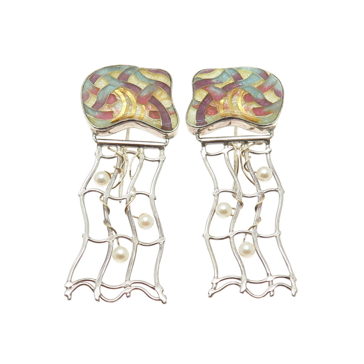 BRANDON WILLIAMS Sterling Silver Vintage Glass & Real Pearl Modernist Earrings