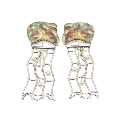 BRANDON WILLIAMS Sterling Silver Vintage Glass & Real Pearl Modernist Earrings