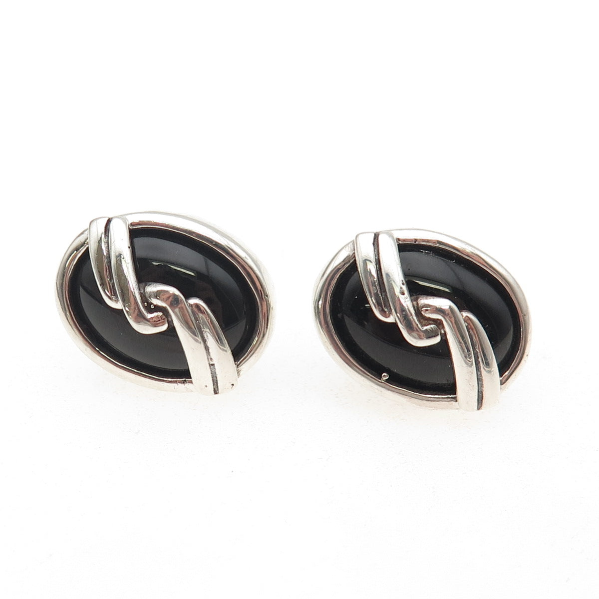 925 Sterling Silver Vintage Real Black Onyx Modernist Twisted Earrings