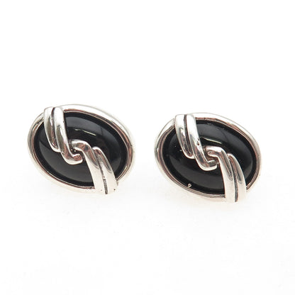 925 Sterling Silver Vintage Real Black Onyx Modernist Twisted Earrings