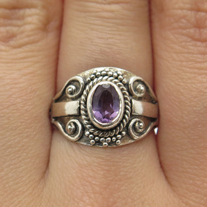 925 Sterling Silver Vintage Real Oval-Cut Amethyst Swirl Ring Size 4.75