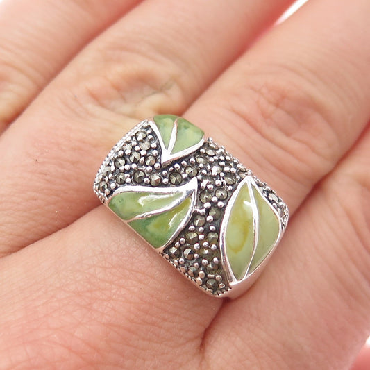 925 Sterling Silver Vintage Enamel Real Marcasite Floral Leaf Ring Size 7.25