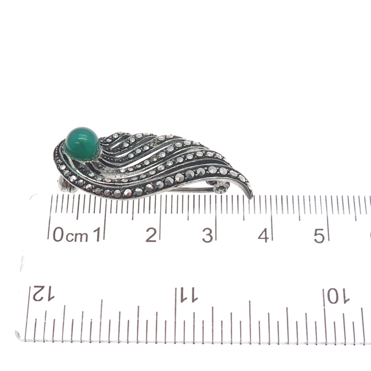 925 Sterling Antique Green Onyx & Marcasite Angel Wing Brooch (missing 1 stone)