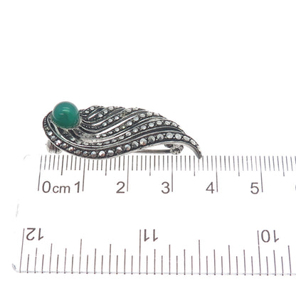 925 Sterling Antique Green Onyx & Marcasite Angel Wing Brooch (missing 1 stone)