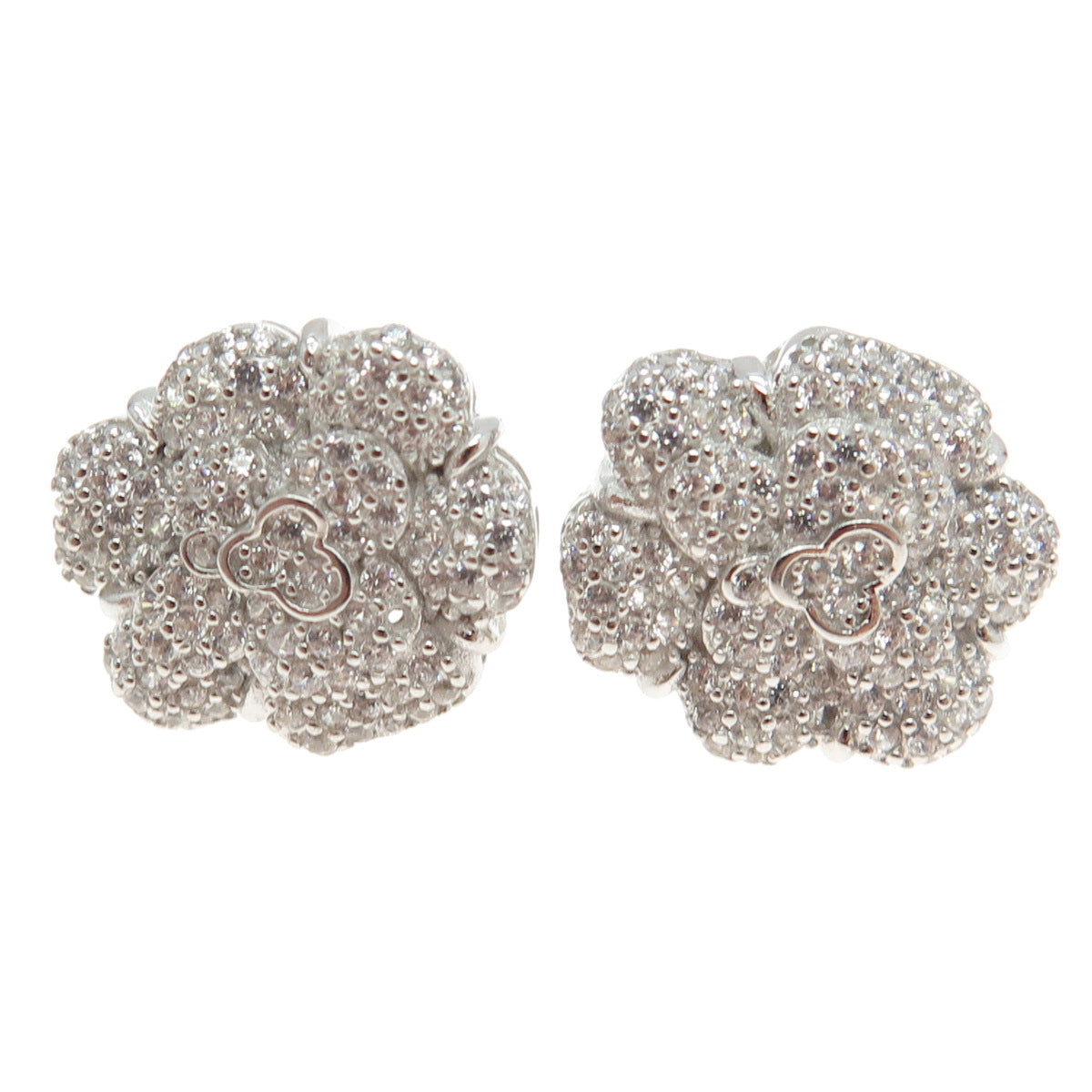 925 Sterling Silver Pave C Z Floral Stud Earrings