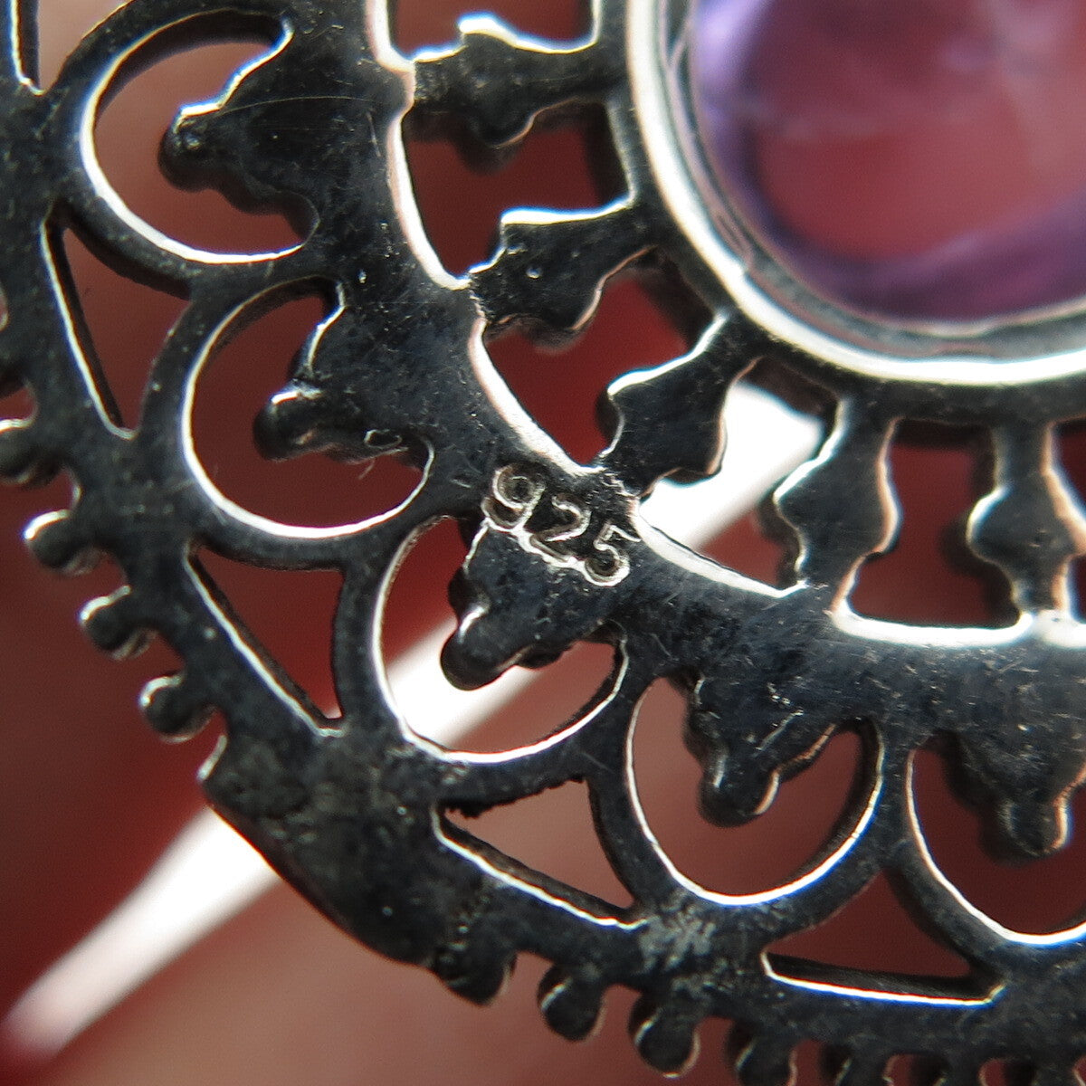 925 Sterling Silver Vintage Real Amethyst Granulated Floral Oxidized Pendant
