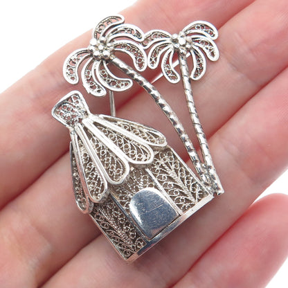 925 Sterling Silver Vintage Bungalow & Palm Tree Filigree Pin Brooch