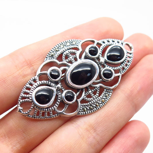 925 Sterling Silver Vintage Black Onyx & Marcasite Gem Art-Deco-Style Pin Brooch