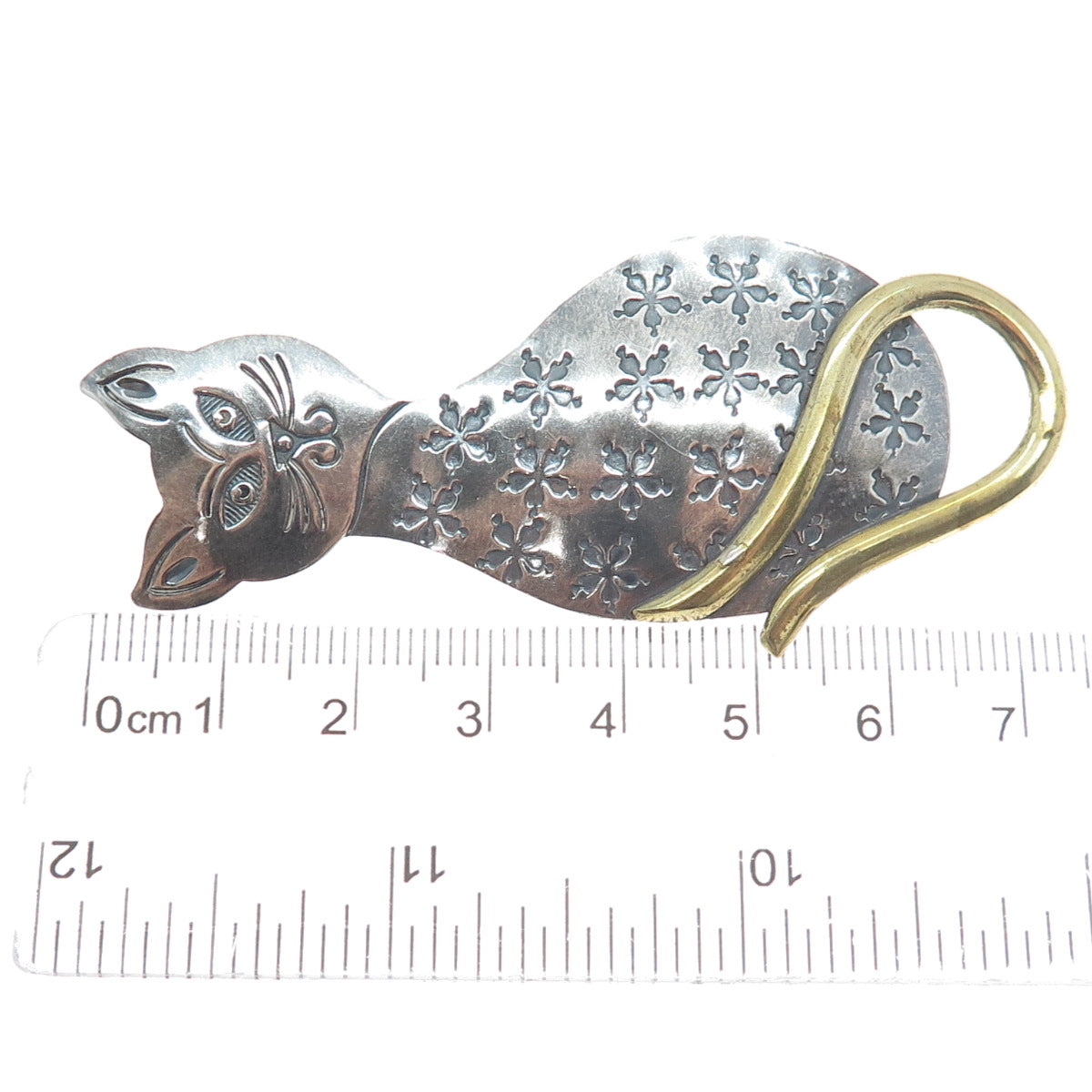 925 Sterling Silver 2-Tone Vintage Mexico Modernist Cat Oxidized Pin Brooch