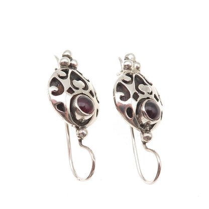 925 Sterling Silver Vintage Real Red Garnet Modernist Heart Oxidized Earrings